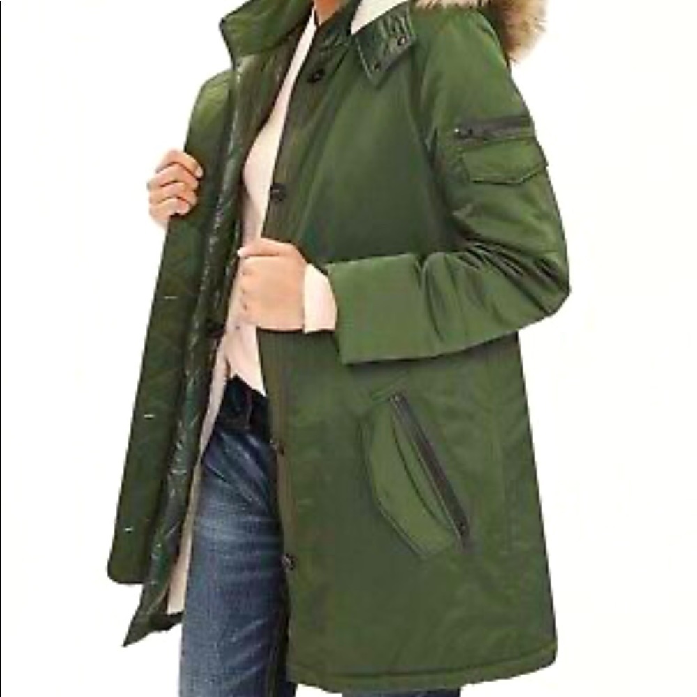 BANANA republic olive green faux fur hooded parka coat